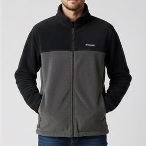 FLAW Columbia Gray Black Full Zip Fleece Jacket Two-Tone size L hem needs repair